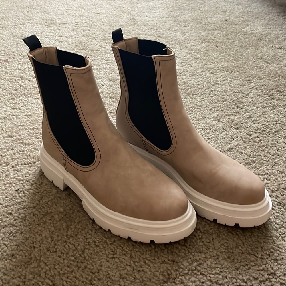 Tan bootie with white sole